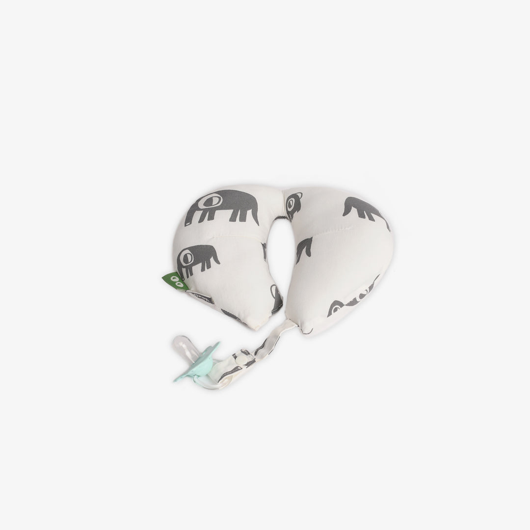 כרית לצוואר בשילוב תפסן למוצץ פילים אפור לבן