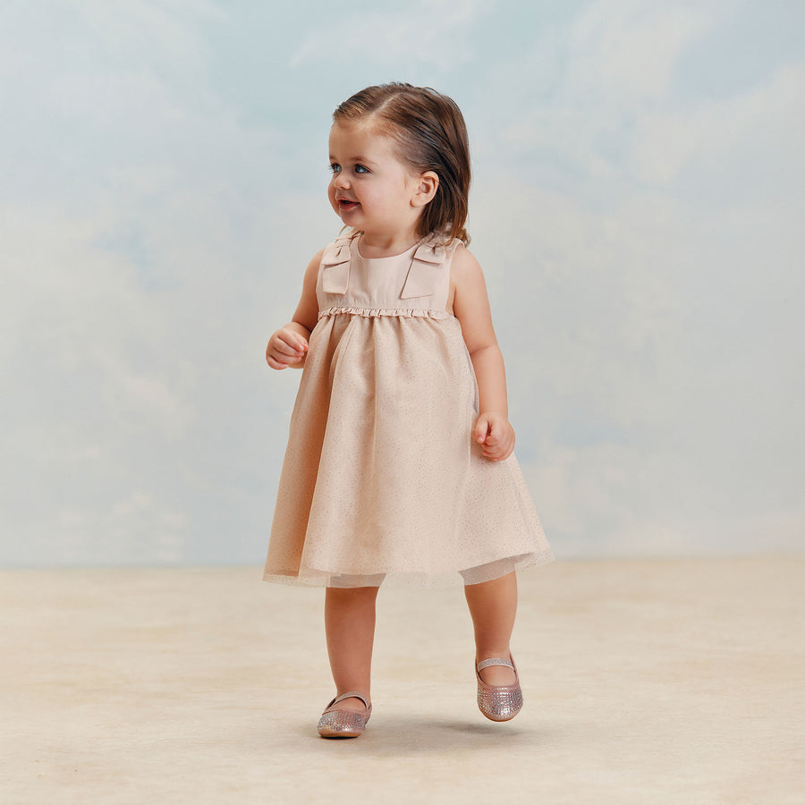 שמלה חגיגית בעיטור פפיונים בגוון ורוד