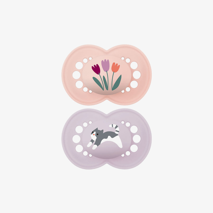 זוג מוצצים סיליקון 6+ ורוד/סגול מודפס