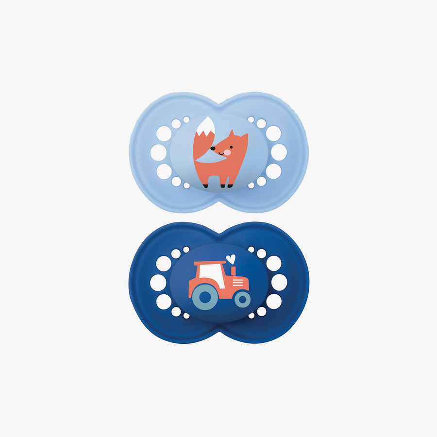 זוג מוצצים סיליקון 6+ תכלת/ כחול מודפס