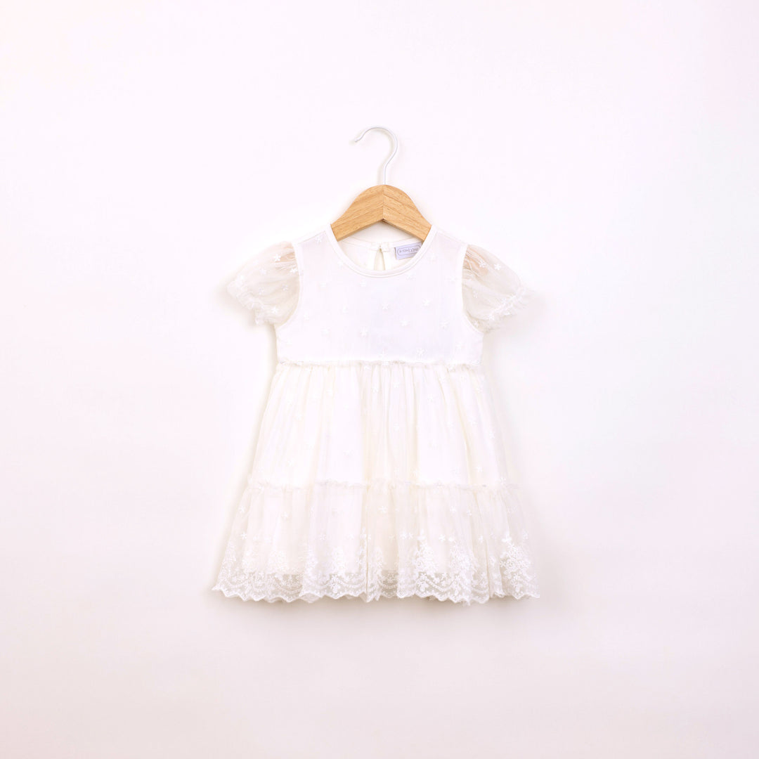 שמלה חגיגית עם שכבת טול ורקמת פרחים בגוון שמנת