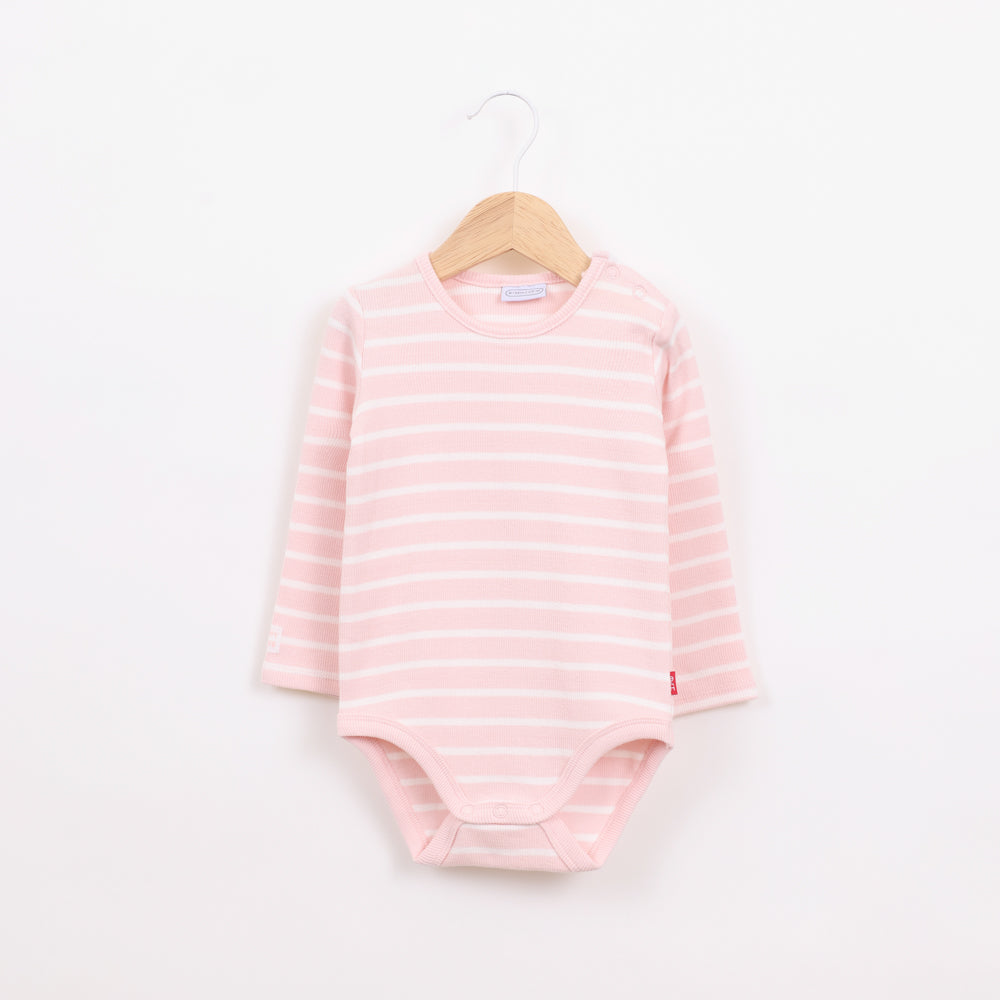 בגד גוף ריב עם שרוול ארוך בדוגמת פסים ורוד לבן