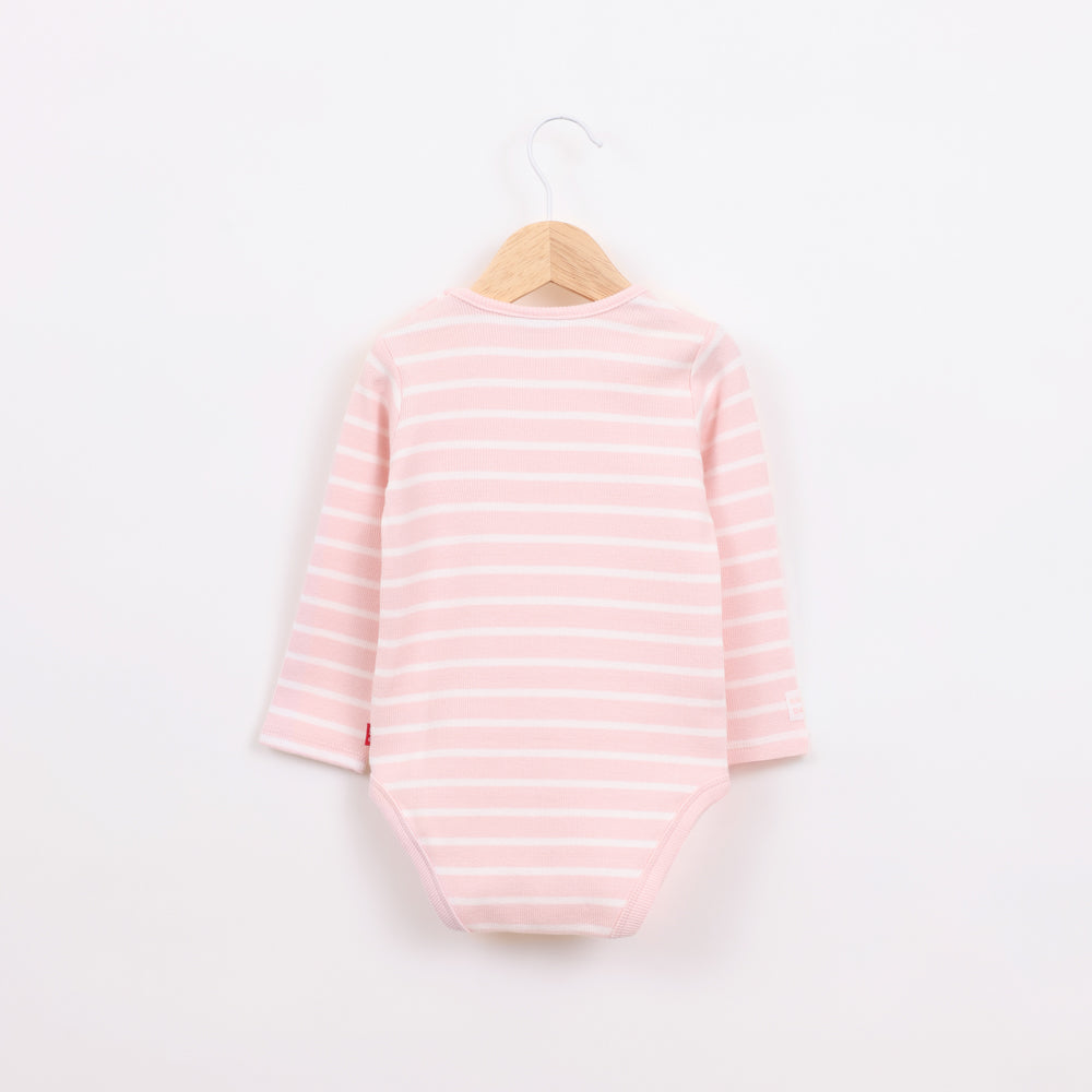 בגד גוף ריב עם שרוול ארוך בדוגמת פסים ורוד לבן