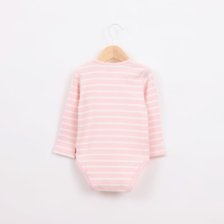 בגד גוף ריב עם שרוול ארוך בדוגמת פסים ורוד לבן