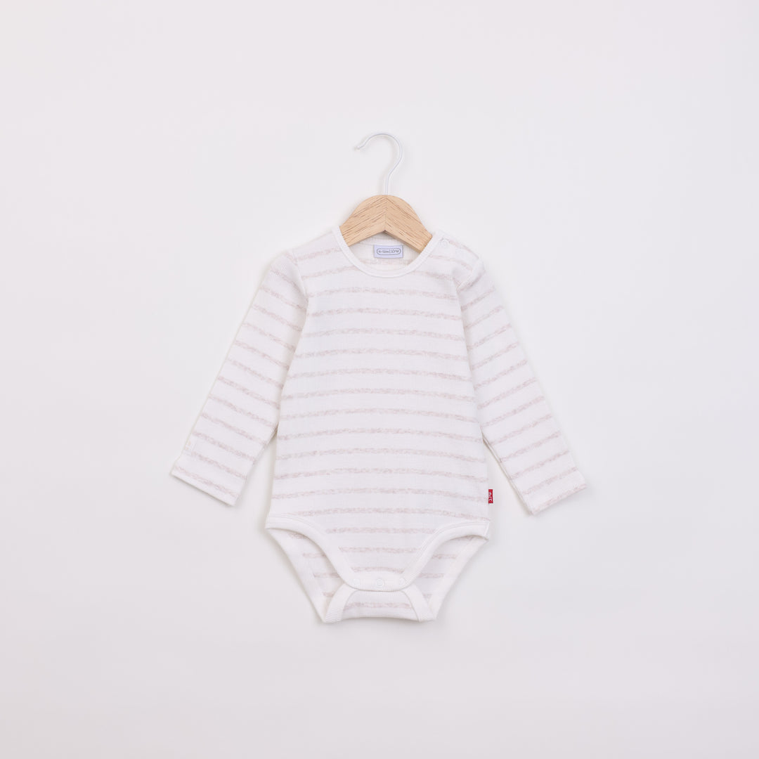 בגד גוף ריב עם שרוול ארוך בדוגמת פסים שמנת לבן