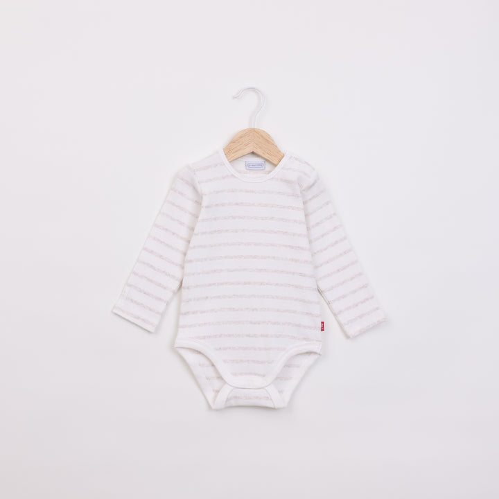 בגד גוף ריב עם שרוול ארוך בדוגמת פסים שמנת לבן