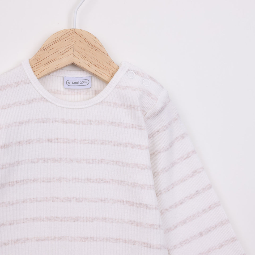 בגד גוף ריב עם שרוול ארוך בדוגמת פסים שמנת לבן