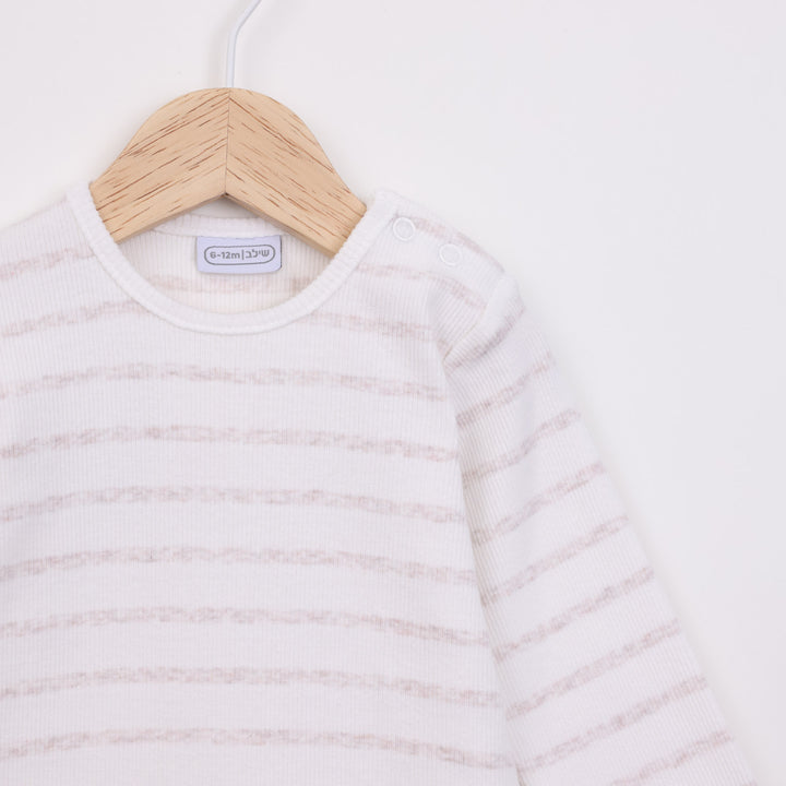 בגד גוף ריב עם שרוול ארוך בדוגמת פסים שמנת לבן