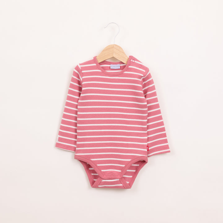 בגד גוף ריב עם שרוול ארוך בדוגמת פסים ורוד פטל לבן