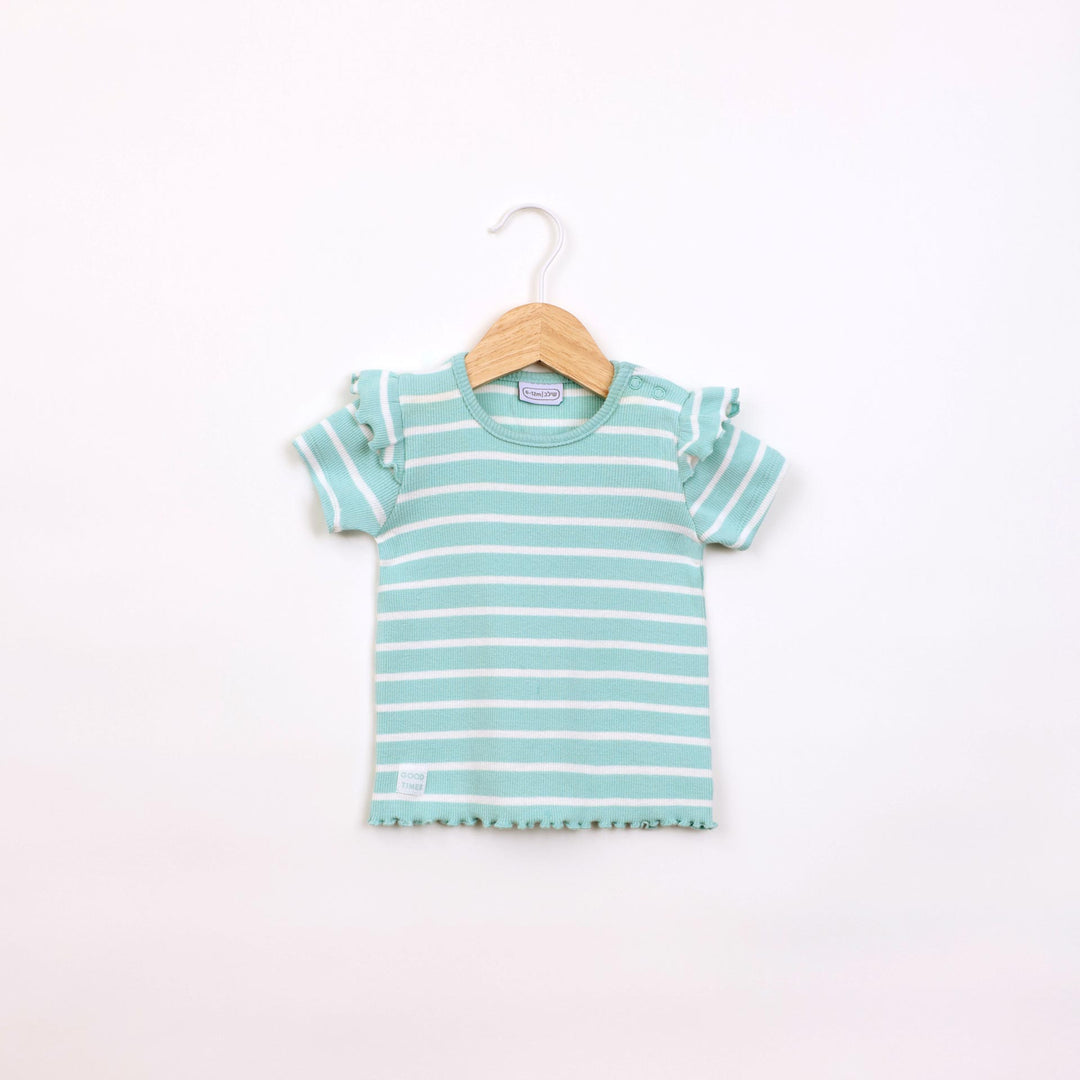 חולצה קצרה בדוגמת פסים טורקיז לבן