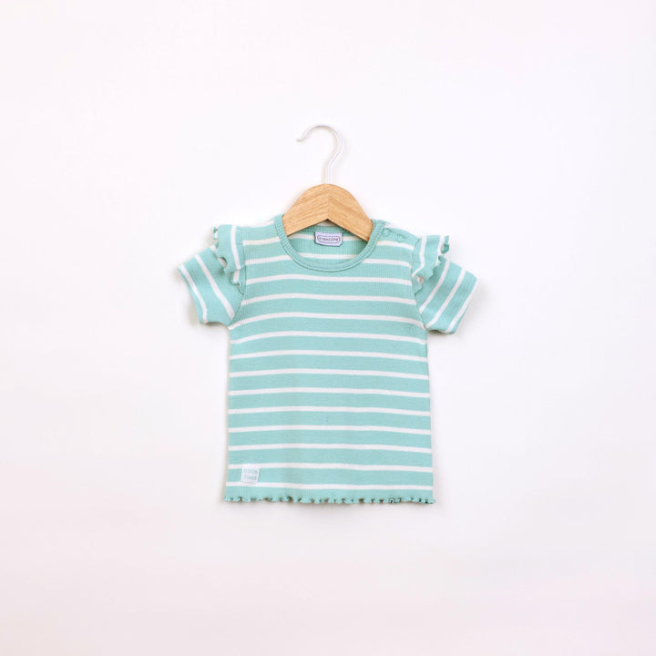 חולצה קצרה בדוגמת פסים טורקיז לבן