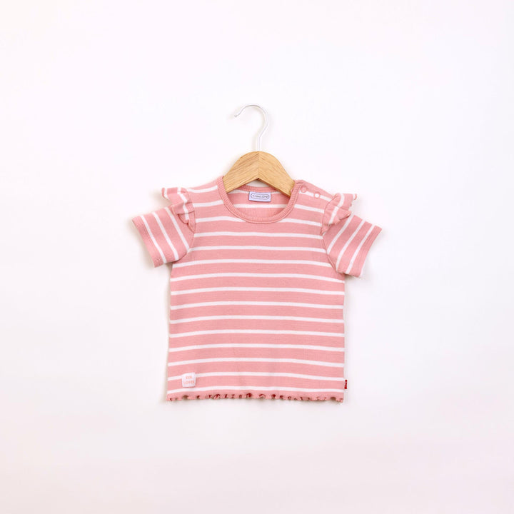 חולצה קצרה בדוגמת פסים ורוד כהה לבן