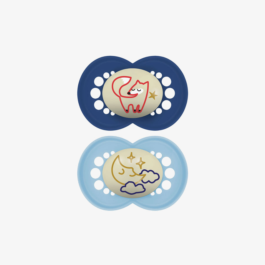 זוג מוצצים סיליקון 6+ זוהרים בחושך כחול/תכלת מודפס